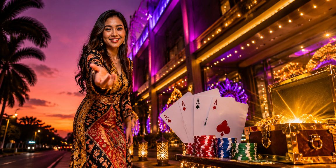 Meja poker bergaya batik Malaysia dengan kad remi dan suasana malam yang mewah